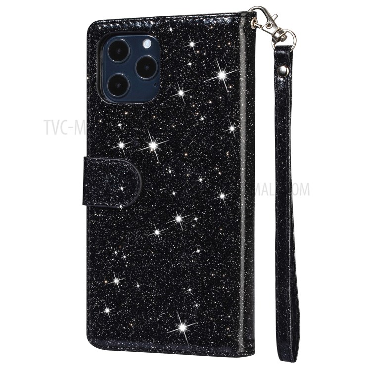 Flash Powder Zipper Pocket Wallet Flip Leather Phone Case with Strap for iPhone 12 5.4 inch - Black-3