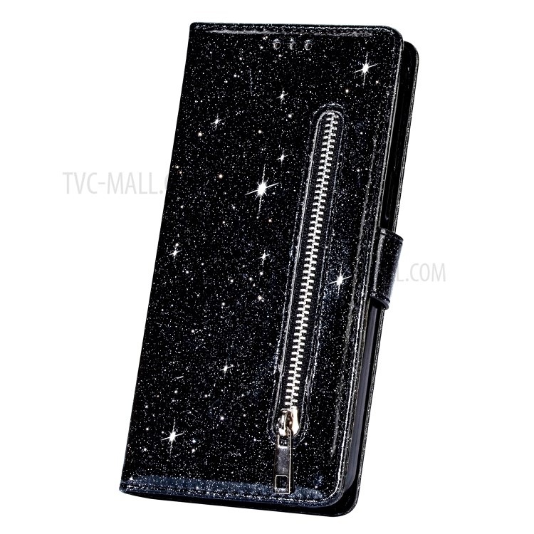 Flash Powder Zipper Pocket Wallet Flip Leather Phone Case with Strap for iPhone 12 5.4 inch - Black-4