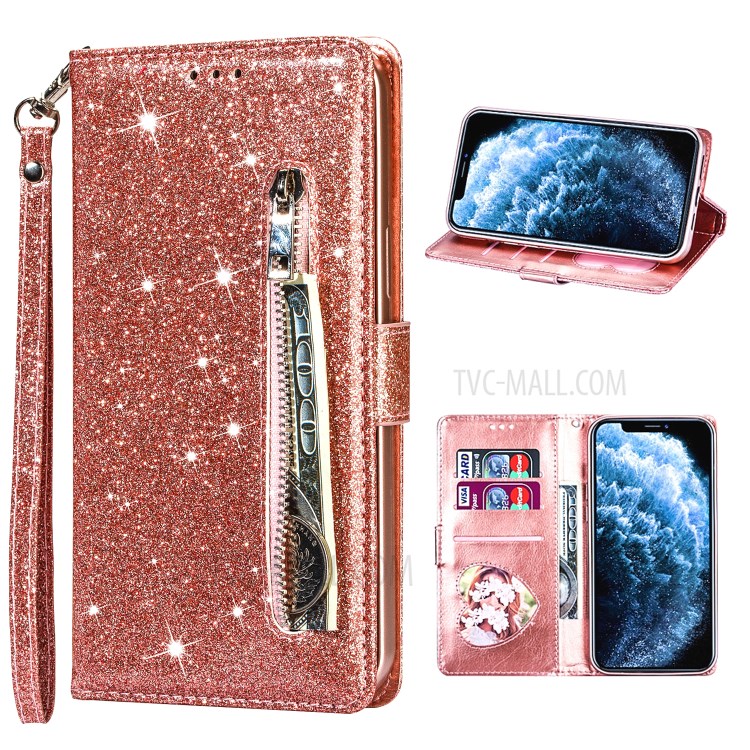 Flash Powder Zipper Pocket Wallet Flip Leather Phone Case with Strap for iPhone 12 Pro Max 6.7 inch - Rose Gold-1