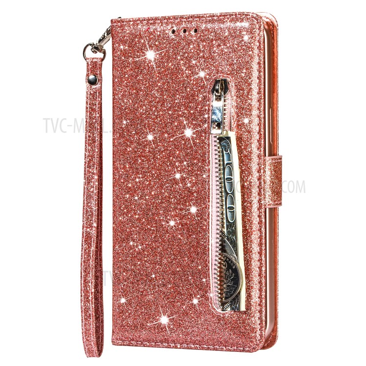Flash Powder Zipper Pocket Wallet Flip Leather Phone Case with Strap for iPhone 12 Pro Max 6.7 inch - Rose Gold-2