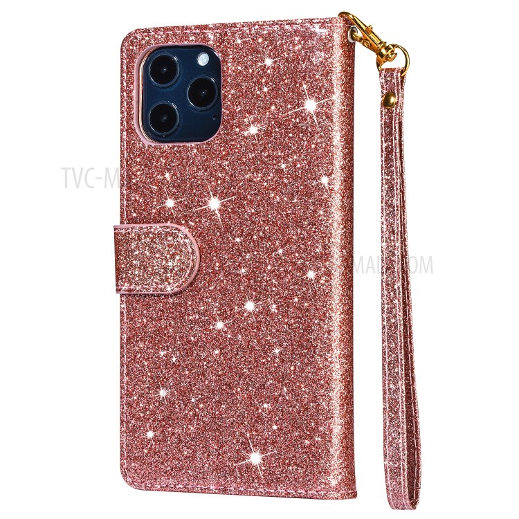 Flash Powder Zipper Pocket Wallet Flip Leather Phone Case with Strap for iPhone 12 Pro Max 6.7 inch - Rose Gold-3