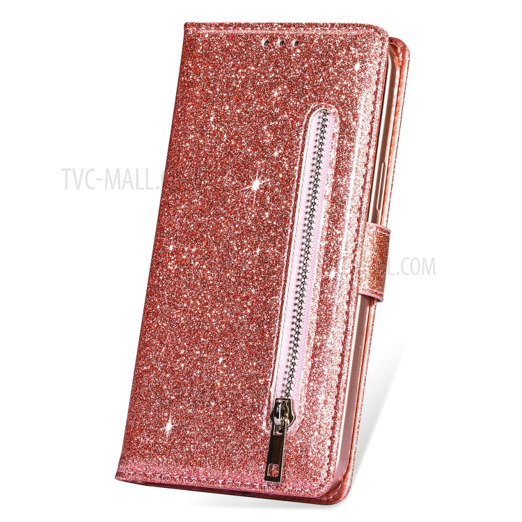Flash Powder Zipper Pocket Wallet Flip Leather Phone Case with Strap for iPhone 12 Pro Max 6.7 inch - Rose Gold-4
