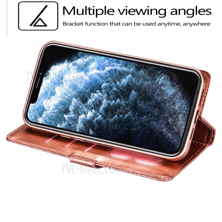 Flash Powder Zipper Pocket Wallet Flip Leather Phone Case with Strap for iPhone 12 Pro Max 6.7 inch - Rose Gold-5