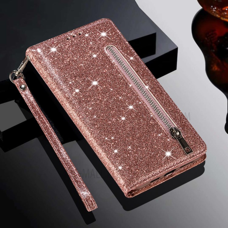 Flash Powder Zipper Pocket Wallet Flip Leather Phone Case with Strap for iPhone 12 Pro Max 6.7 inch - Rose Gold-6