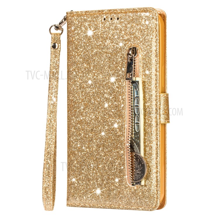Flash Powder Zipper Pocket Wallet Flip Leather Phone Case with Strap for iPhone 12 Pro Max 6.7 inch - Gold-2