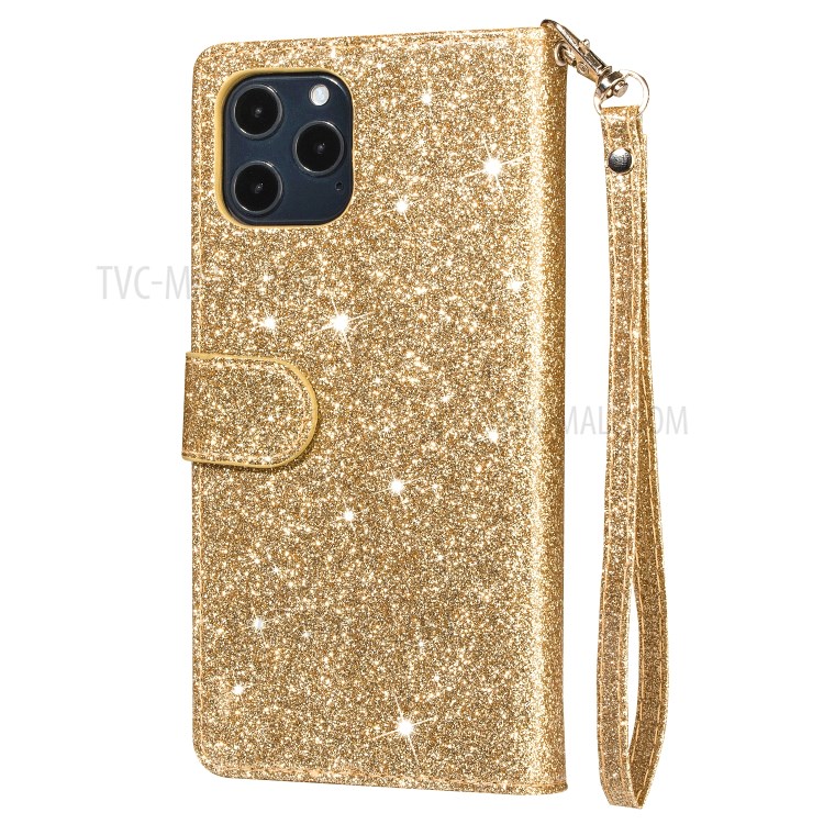 Flash Powder Zipper Pocket Wallet Flip Leather Phone Case with Strap for iPhone 12 Pro Max 6.7 inch - Gold-3