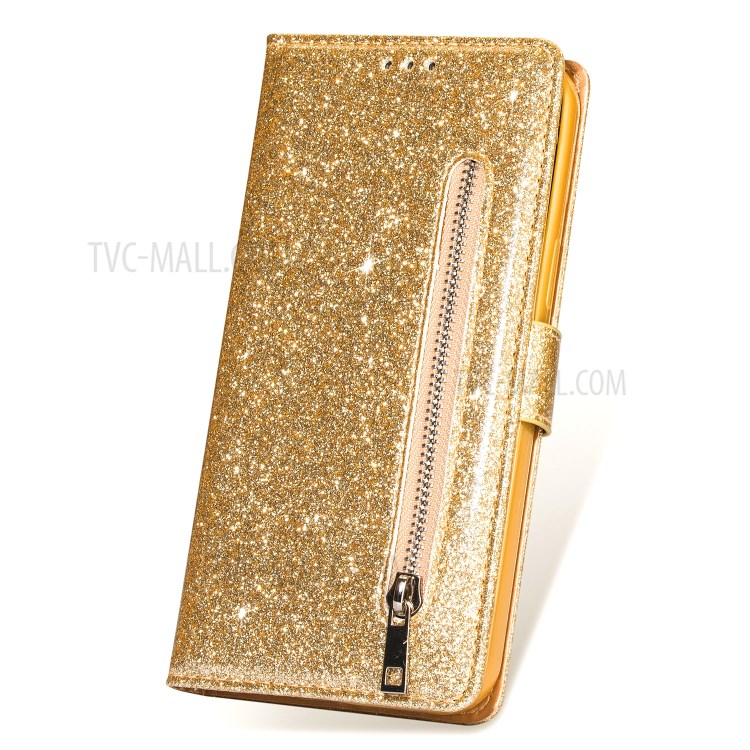 Flash Powder Zipper Pocket Wallet Flip Leather Phone Case with Strap for iPhone 12 Pro Max 6.7 inch - Gold-4