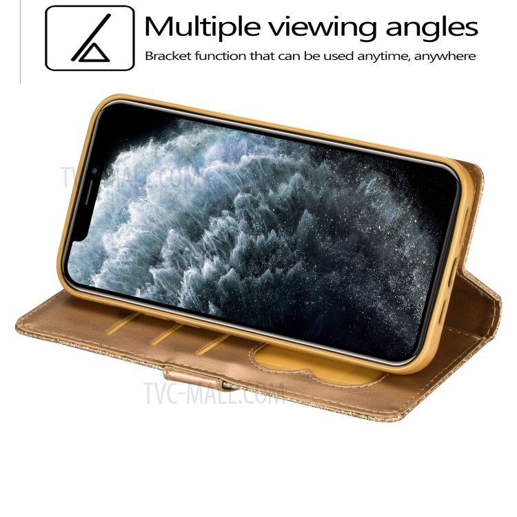 Flash Powder Zipper Pocket Wallet Flip Leather Phone Case with Strap for iPhone 12 Pro Max 6.7 inch - Gold-5