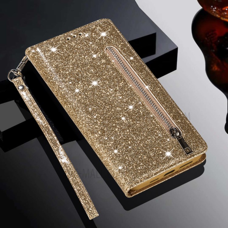 Flash Powder Zipper Pocket Wallet Flip Leather Phone Case with Strap for iPhone 12 Pro Max 6.7 inch - Gold-6
