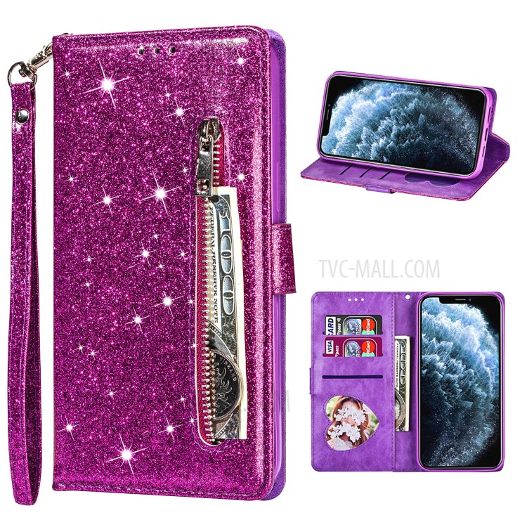 Flash-Pulver Reißverschluss Schlag-Leder Telefonkasten Mit Riemen Für Iphone 12 Pro Inch Max 6.7 - Lila-1
