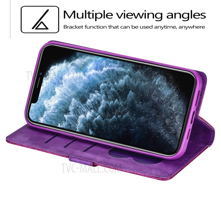 Flash-Pulver Reißverschluss Schlag-Leder Telefonkasten Mit Riemen Für Iphone 12 Pro Inch Max 6.7 - Lila-5