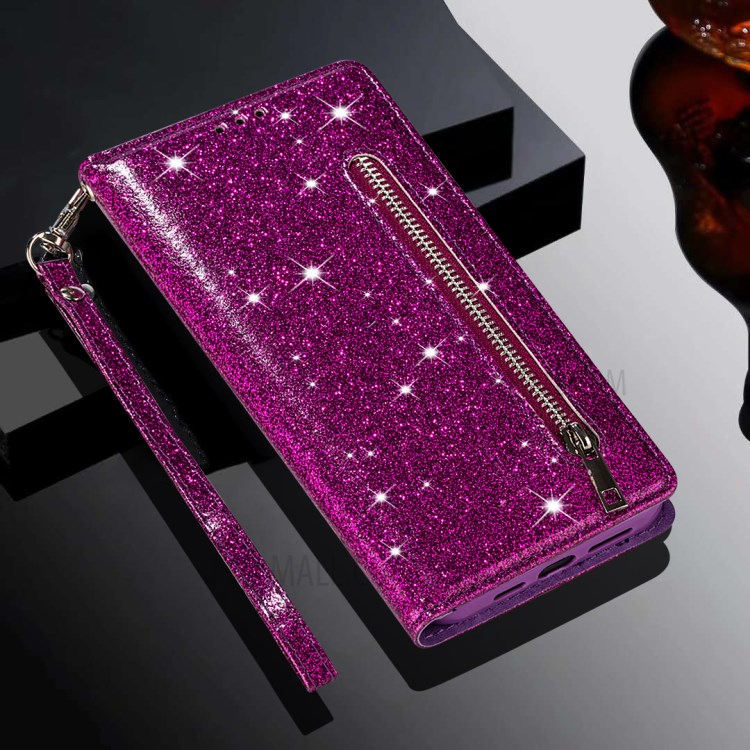 Flash-Pulver Reißverschluss Schlag-Leder Telefonkasten Mit Riemen Für Iphone 12 Pro Inch Max 6.7 - Lila-6