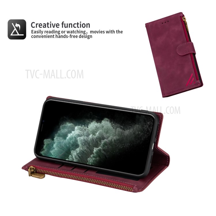 Wallet Phone Case PU Leather Coated TPU Cover for iPhone 12 mini - Wine Red-5