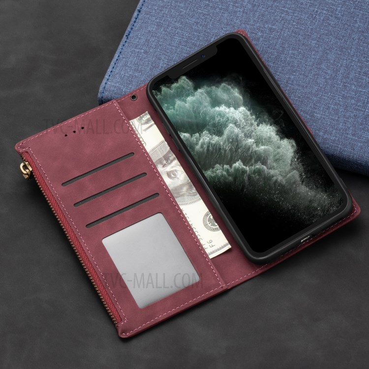 Wallet Phone Case PU Leather Coated TPU Cover for iPhone 12 mini - Wine Red-6