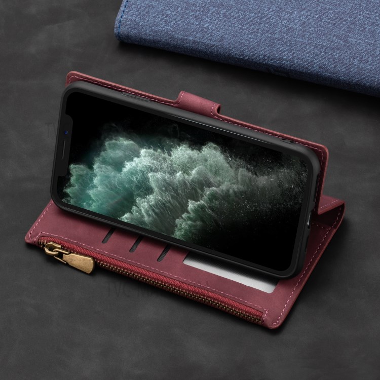 Wallet Phone Case PU Leather Coated TPU Cover for iPhone 12 mini - Wine Red-7