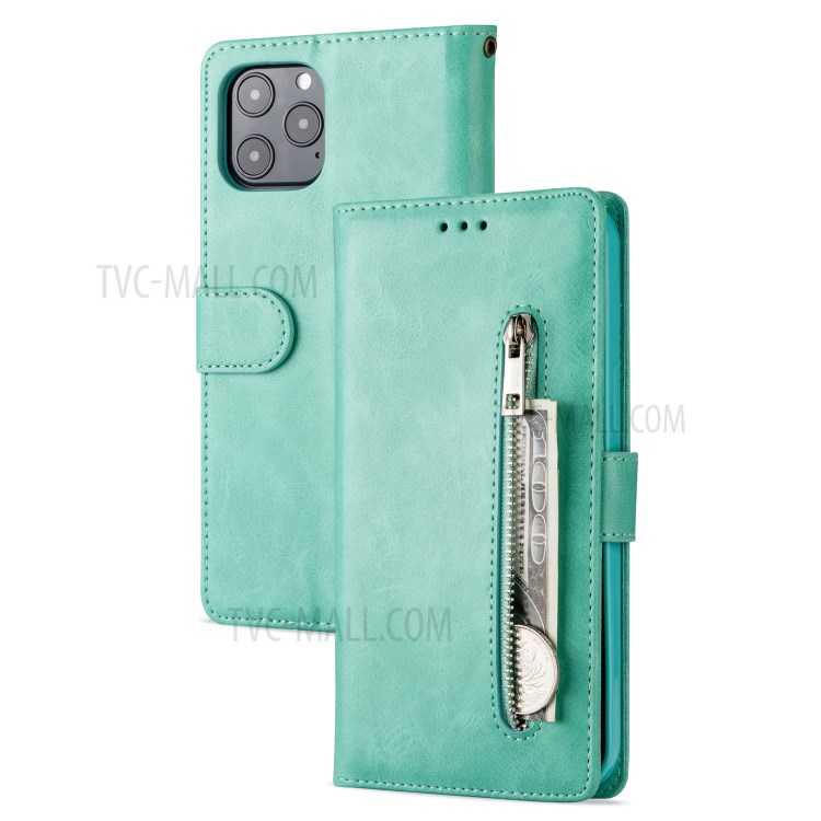 Zipper Pocket Leather Wallet Stand Case for iPhone 12 mini - Green-1