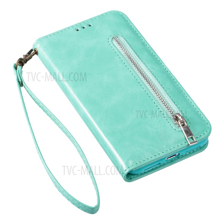 Zipper Pocket Leather Wallet Stand Case for iPhone 12 mini - Green-6