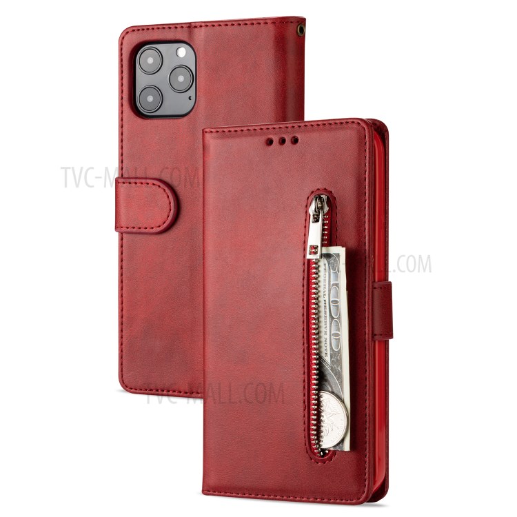 Zipper Pocket Leather Wallet Stand Case for iPhone 12 Pro Max 6.7-inch - Red-1