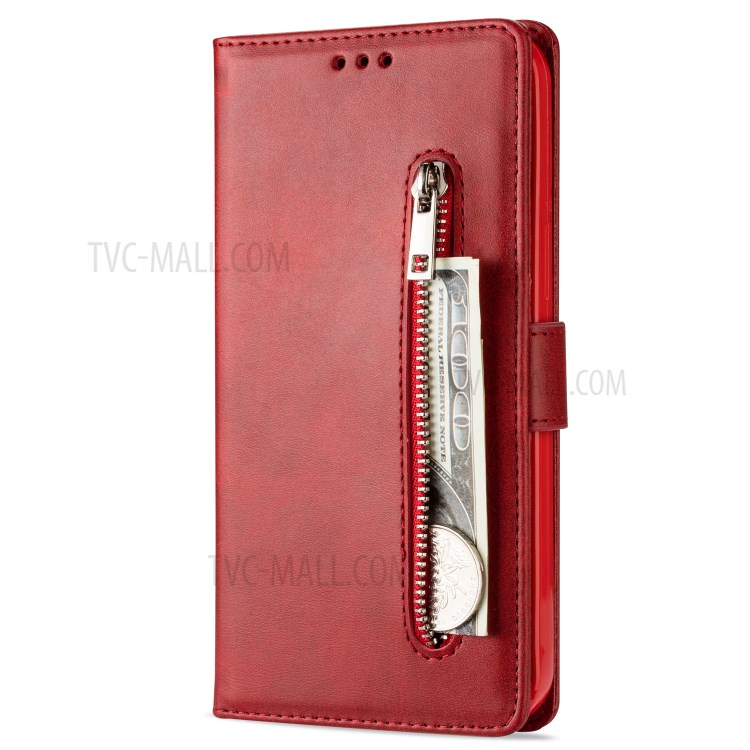Zipper Pocket Leather Wallet Stand Case for iPhone 12 Pro Max 6.7-inch - Red-2