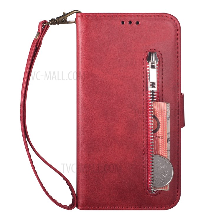 Zipper Pocket Leather Wallet Stand Case for iPhone 12 Pro Max 6.7-inch - Red-4