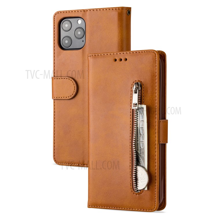 Zipper Pocket Leather Wallet Stand Case for iPhone 12 Pro Max 6.7-inch - Brown-1
