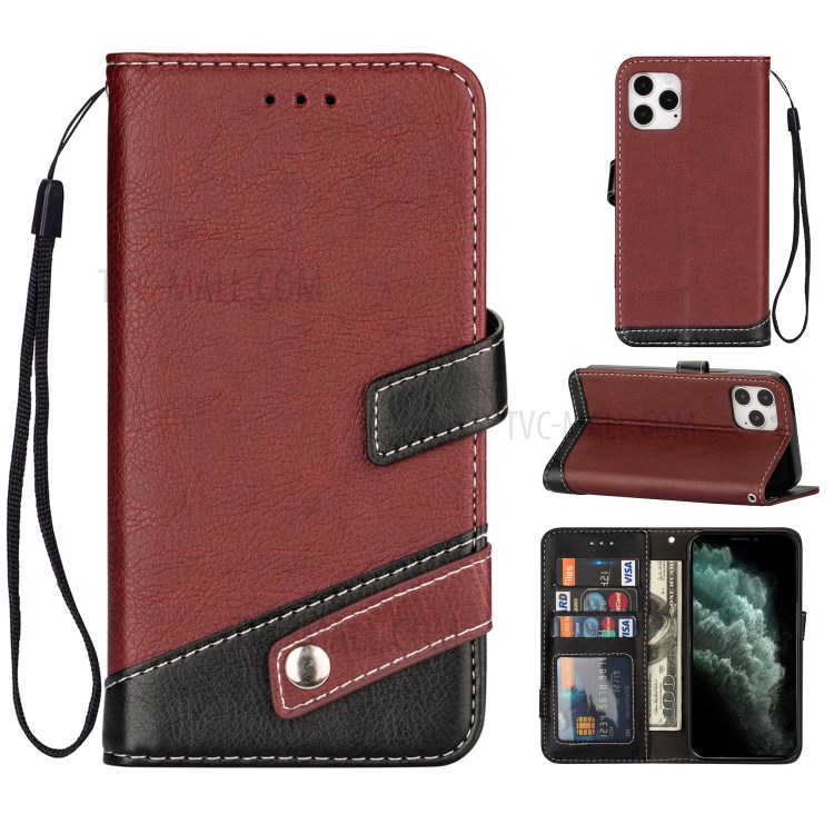 Color Splicing Litchi Skin PU Leather Wallet Stand Case for iPhone 12 mini - Brown-1