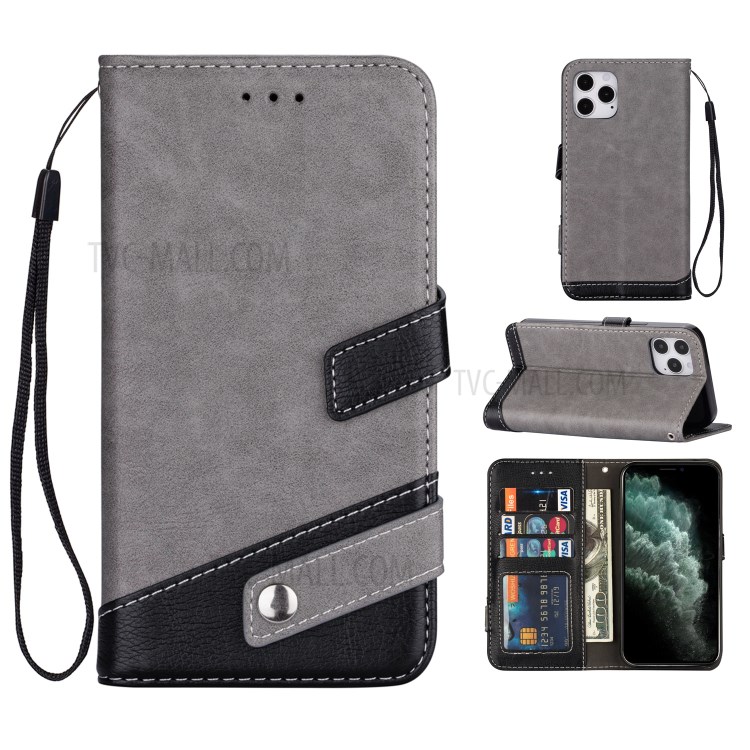 Contrast Color Litchi Texture PU Leather Wallet Cell Phone Cover for iPhone 12 Pro/12 - Grey-1