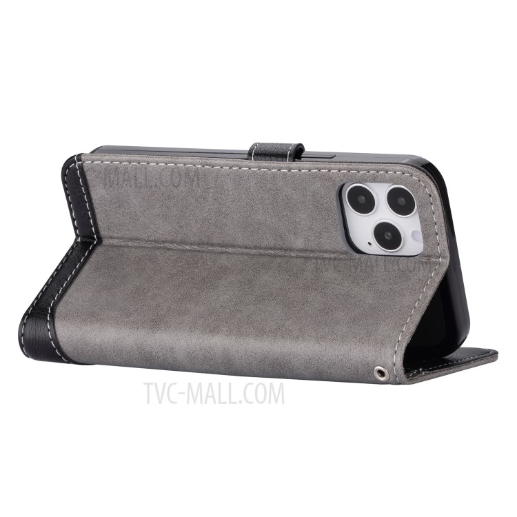 Contrast Color Litchi Texture PU Leather Wallet Cell Phone Cover for iPhone 12 Pro/12 - Grey-5