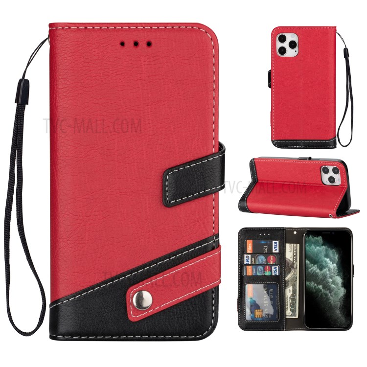 Contrast Color Litchi Texture PU Leather Wallet Cell Phone Cover for iPhone 12 Pro/12 - Red-1