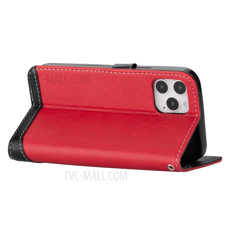 Contrast Color Litchi Texture PU Leather Wallet Cell Phone Cover for iPhone 12 Pro/12 - Red-5