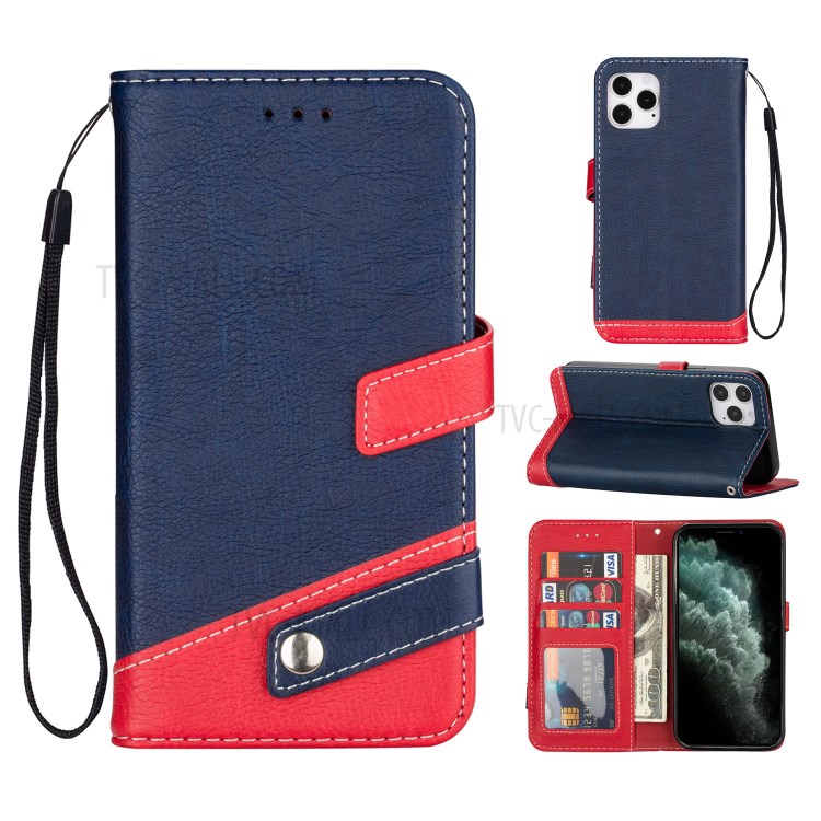 Contrast Color Litchi Texture PU Leather Wallet Cell Phone Cover for iPhone 12 Pro/12 - Dark Blue-1