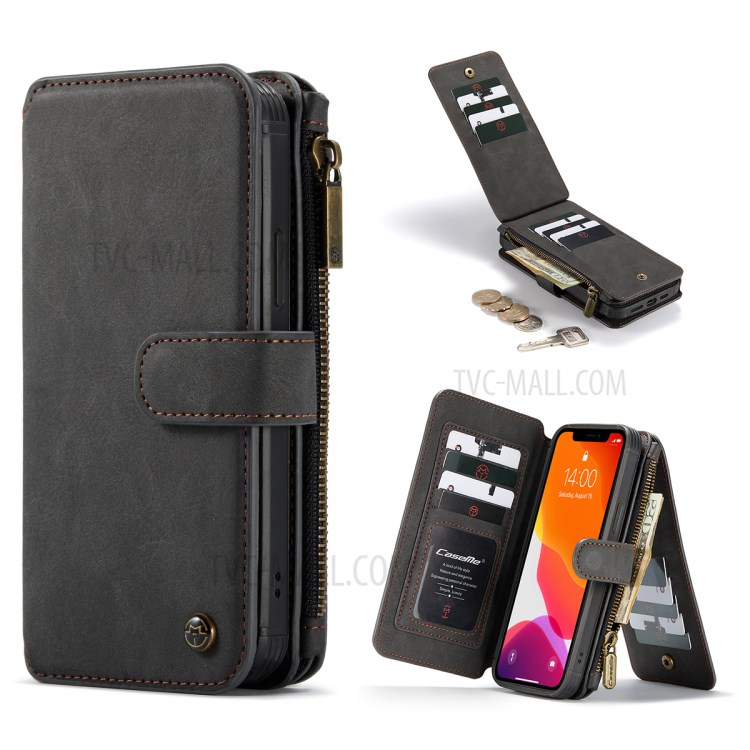 Caseme 007 Serie Split Leder 2-in-1 Abnehmbare Multifunktions-Geldbörsen-Gehäuseständer Stoßfest Reißverschluss Geldbörse Für IPhone 12/12 Pro 6,1 Zoll - Schwarz