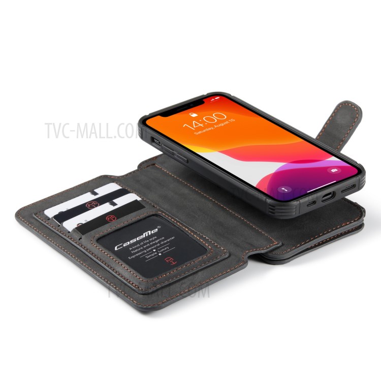 Caseme 007 Serie Split Leder 2-in-1 Abnehmbare Multifunktions-Geldbörsen-Gehäuseständer Stoßfest Reißverschluss Geldbörse Für IPhone 12/12 Pro 6,1 Zoll - Schwarz