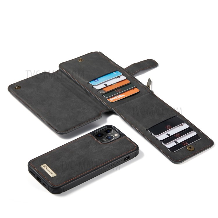 Caseme 007 Series Pelle Divisa 2-in-1 Staccabile Multifunzione Multifunzione Portafoglio Stand Supporto Antiurto Con Cerniera Con Cerniera Per IPhone 12/12 PRO 6.1 Pollici - Nero