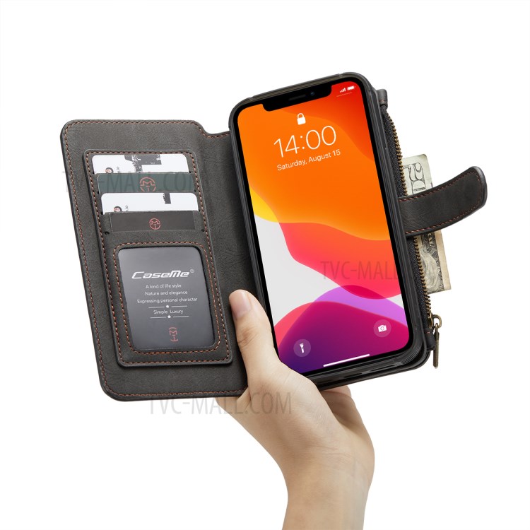 Caseme 007 Serie Split Leder 2-in-1 Abnehmbare Multifunktions-Geldbörsen-Gehäuseständer Stoßfest Reißverschluss Geldbörse Für IPhone 12/12 Pro 6,1 Zoll - Schwarz