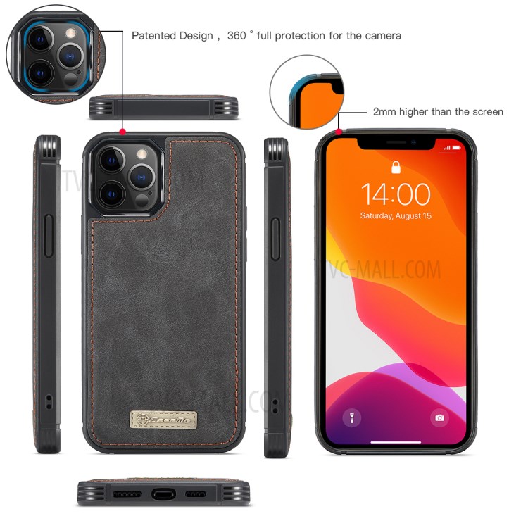 Caseme 007 Serie Split Leder 2-in-1 Abnehmbare Multifunktions-Geldbörsen-Gehäuseständer Stoßfest Reißverschluss Geldbörse Für IPhone 12/12 Pro 6,1 Zoll - Schwarz