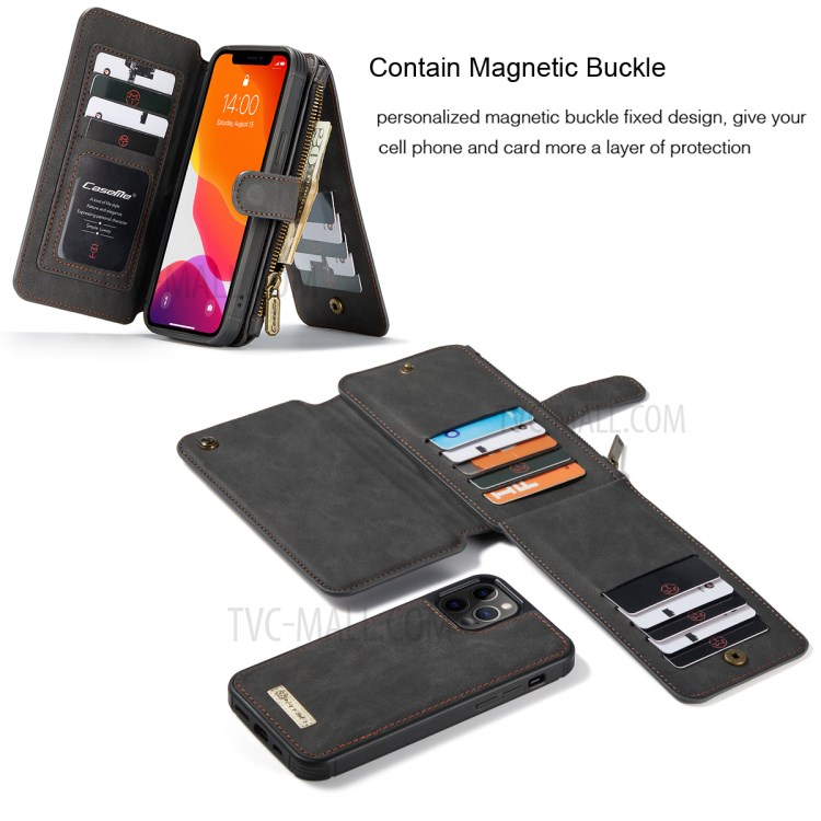 Caseme 007 Serie Split Leder 2-in-1 Abnehmbare Multifunktions-Geldbörsen-Gehäuseständer Stoßfest Reißverschluss Geldbörse Für IPhone 12/12 Pro 6,1 Zoll - Schwarz