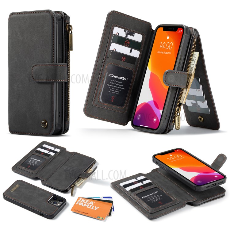 Caseme 007 Serie Split Leder 2-in-1 Abnehmbare Multifunktions-Geldbörsen-Gehäuseständer Stoßfest Reißverschluss Geldbörse Für IPhone 12/12 Pro 6,1 Zoll - Schwarz