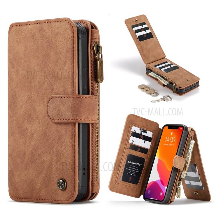 CASEME 2-in-1 Detachable 14 Slots Wallet Split Leather Shell for iPhone 12 Pro/12 - Brown