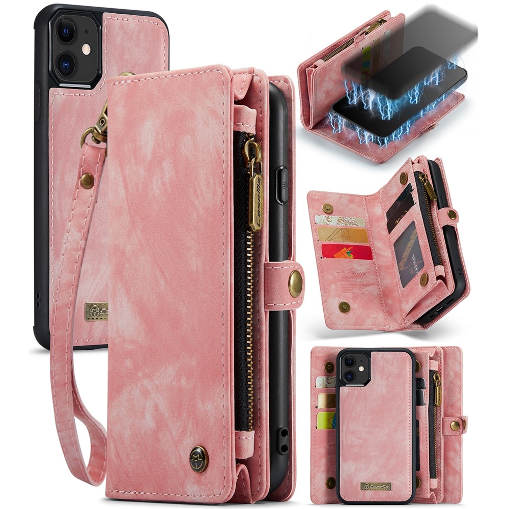 CASEME 008 Series  for iPhone 12 mini 5.4 inch PU Leather Magnetic Flip Stand Case Multi-function Zipper Wallet Detachable Phone Cover - Pink