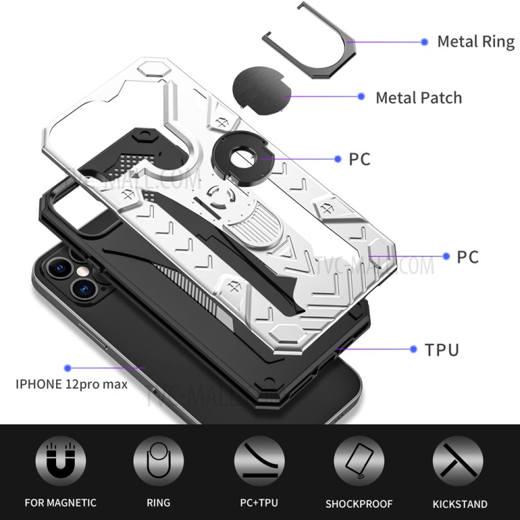 Armor Guard Detachable Kickstand TPU+PC Hybrid Protector Cover with Metal Sheet for iPhone 12 Pro Max 6.7 inch - Silver-3