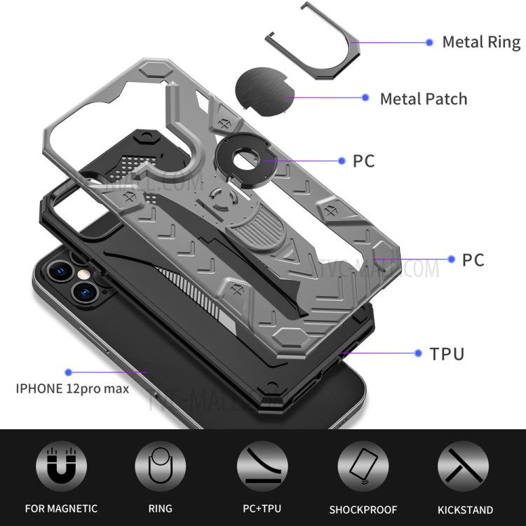 Armor Guard Detachable Kickstand TPU+PC Hybrid Protector Cover with Metal Sheet for iPhone 12 Pro Max 6.7 inch - Grey-3