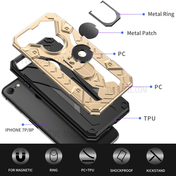 Armor Guard Detachable Kickstand TPU+PC Protector Case with Metal Sheet for iPhone SE (2nd Generation)/8/7 4.7 inch - Gold-3
