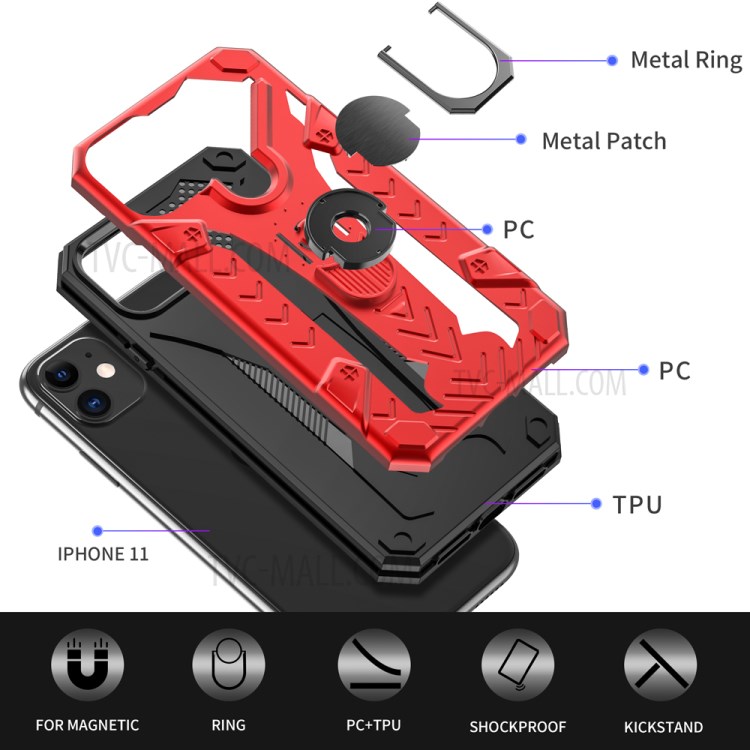 Armor Guard Detachable Kickstand TPU+PC Protector Shell with Metal Sheet for iPhone 11 6.1 inch - Red-3