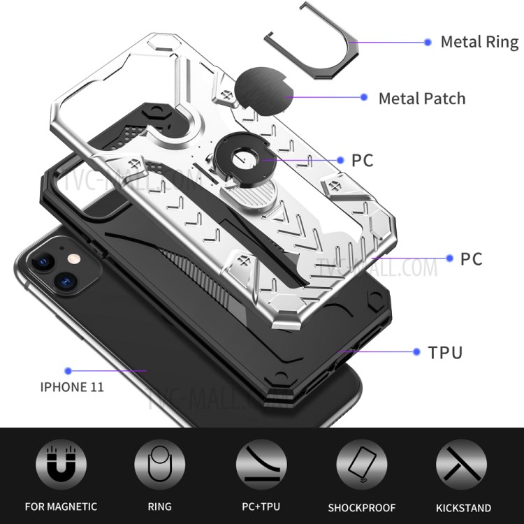 Armor Guard Detachable Kickstand TPU+PC Protector Shell with Metal Sheet for iPhone 11 6.1 inch - Silver-3
