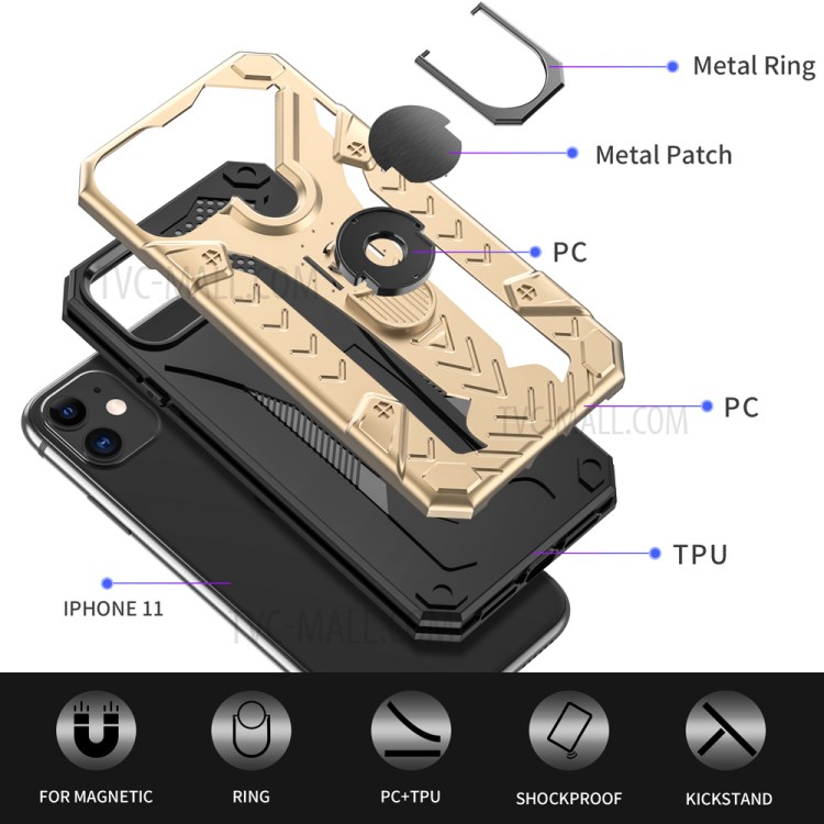 Armor Guard Detachable Kickstand TPU+PC Protector Shell with Metal Sheet for iPhone 11 6.1 inch - Gold-3