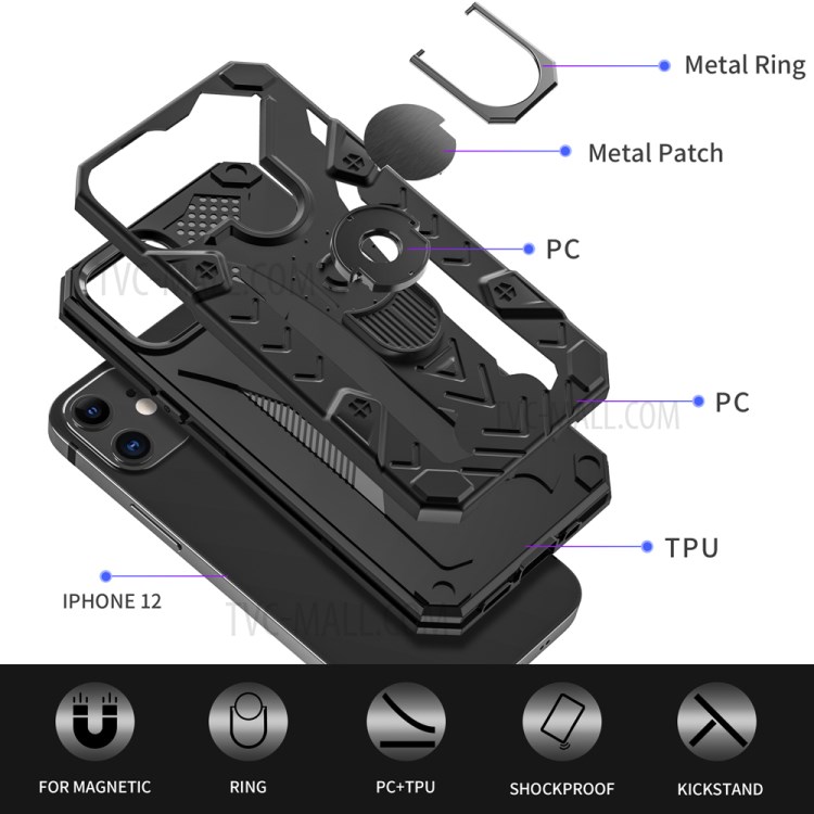 Armor Guard Protector Kickstand TPU+PC Detachable Shell with Metal Sheet for iPhone 12 Max/Pro 6.1 inch - Black-4