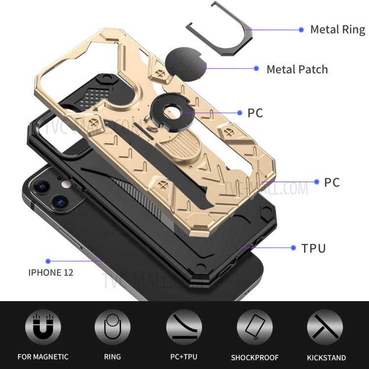 Armor Guard Protector Kickstand TPU+PC Detachable Shell with Metal Sheet for iPhone 12 Pro/12 - Gold-3