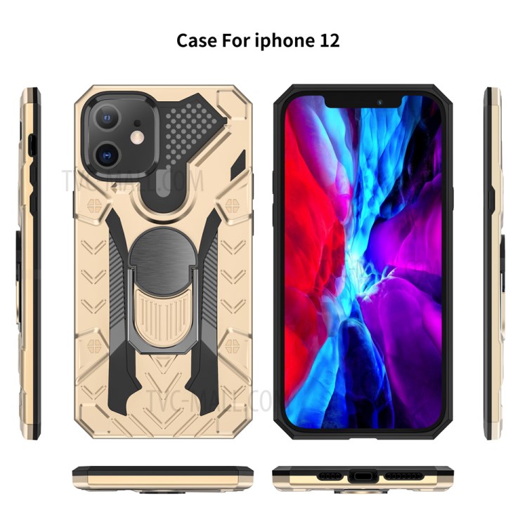 Armor Guard Protector Kickstand TPU+PC Detachable Shell with Metal Sheet for iPhone 12 Pro/12 - Gold-8