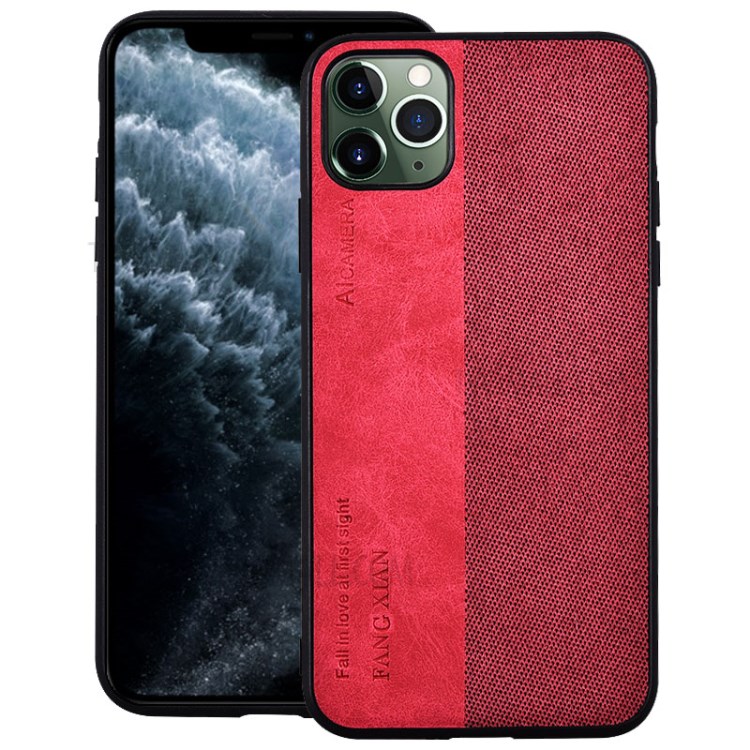 Cloth Texture PU Leather Splicing PC+TPU Combo Back Case for iPhone 12 Pro Max 6.7 - Red-1